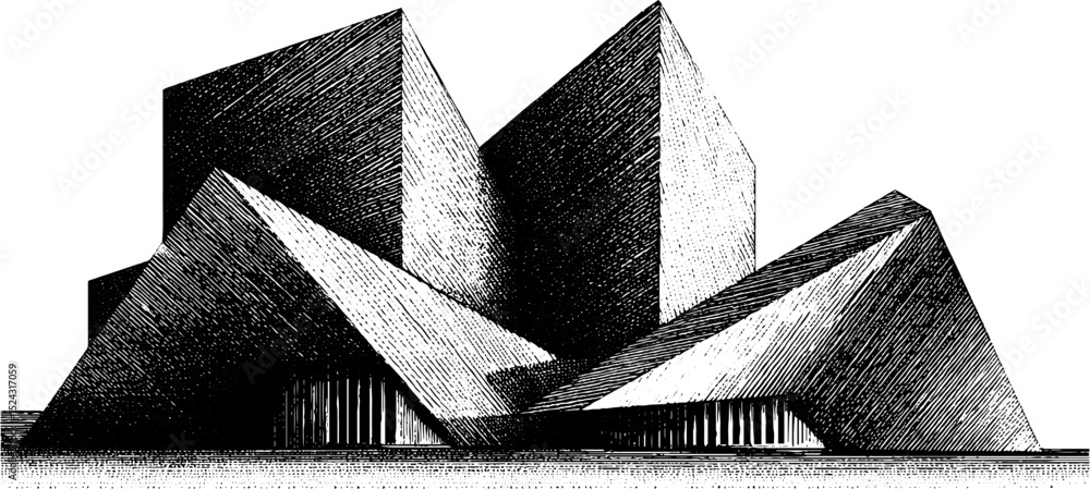Aufkleber engraved illustration of deconstructivist architecture for modern design projects