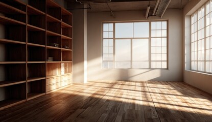Sunny loft room with wooden shelving