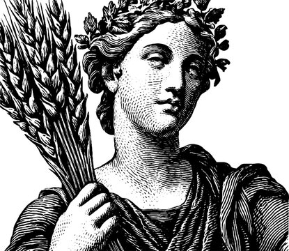 Engraved illustration of demeter holding wheat, symbolizing harvest and fertility