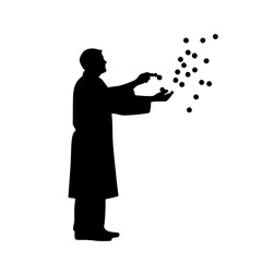 a black silhouette of a priest in a robe throwing seeds into his hands black, hand, illustration, man, person, priest, robe, seed, silhouette, stand, throw , Generative art.