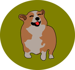 Minimalist cartoon corgi illustration with joyful expression on olive green background, cheerful and cute.
