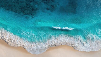 Obraz premium Aerial view of turquoise ocean waves gently washing over a sandy beach with vibrant blue tones and foamy surf, ideal for travel, summer, and nature backgrounds