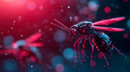 mosquitoes interacting Futuristic mosquito with robotic features against a colorful bokeh background.