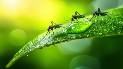 mosquitoes interacting Three mosquitoes on a dewy green leaf with a blurred background.