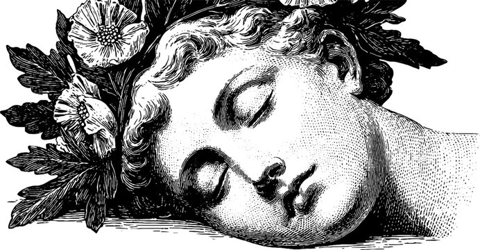 Hypnos sleeping surrounded by poppy flowers engraved art for design and print