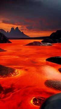 Mysterious dark metal spheres on glowing lava surface under fiery sky in alien landscape