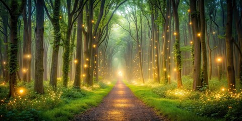 Obraz premium Dense forest of aromatic trees with soft glowing lights illuminating the path leading into the woods, forest exploration, woodlands
