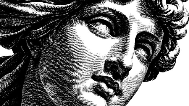 Detailed engraving of kore statue - artistic design for cultural and historical publications