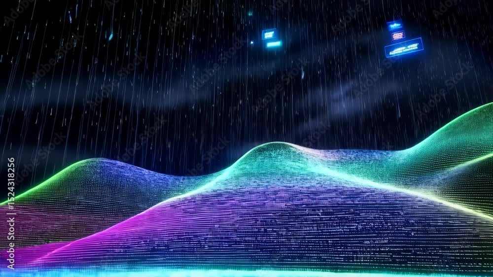 Poster dynamic neon waves with flying elements in a digital nightscape environment