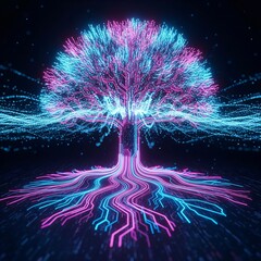 AI-Generated Glowing Circuit Tree With Neon Roots and Branches Spreading Digital Data Streams Over a Dark Tech Background Representing Growth and Connectivity in Technology
