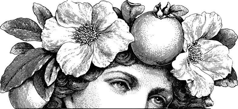 Engraved art of persephone with pomegranate and floral headpiece