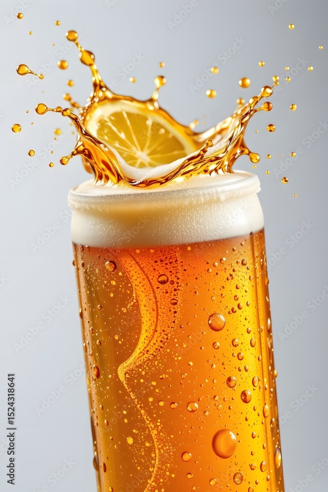 Poster refreshing lager splashing lemon: a vibrant lager glass is crowned with a refreshing splash of effer