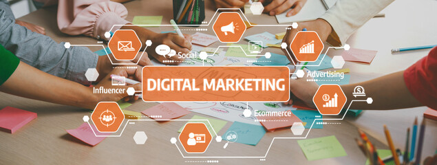 A vibrant digital marketing scene showing diverse hands collaborating on innovative strategy...