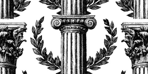 Engraved seamless pattern of classical columns with laurel wreaths for vintage design