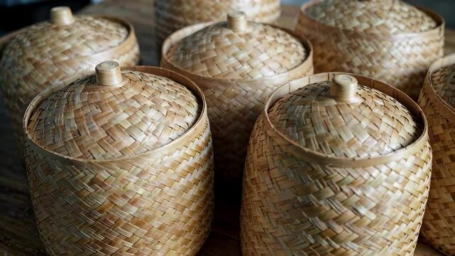 several baskets are lined up on a wooden table