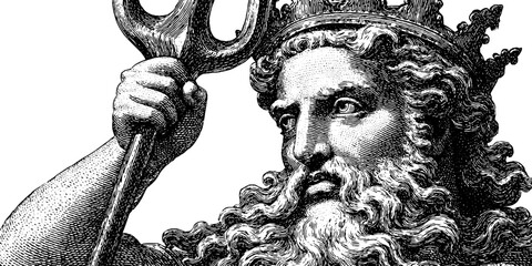 Detailed engraving of poseidon holding trident for mythological art design