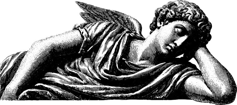 Engraved illustration of reclining morpheus statue - classic art design for decor and study