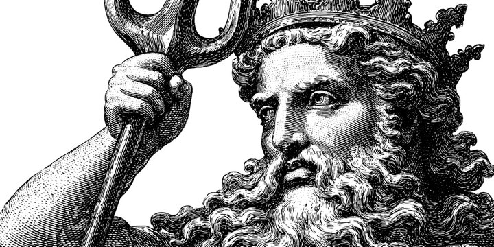 Detailed engraving of poseidon holding trident for mythological art design