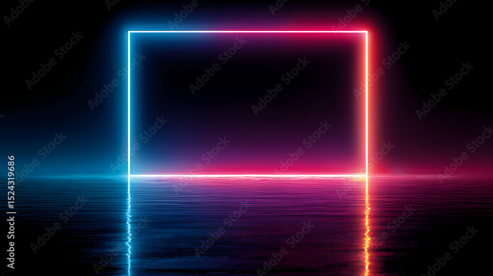 Poster glowing neon square frame reflected on wet surface against black background