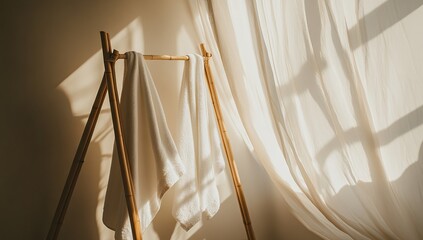 Cream towels on a bamboo stand, sunlight streams through sheer curtains