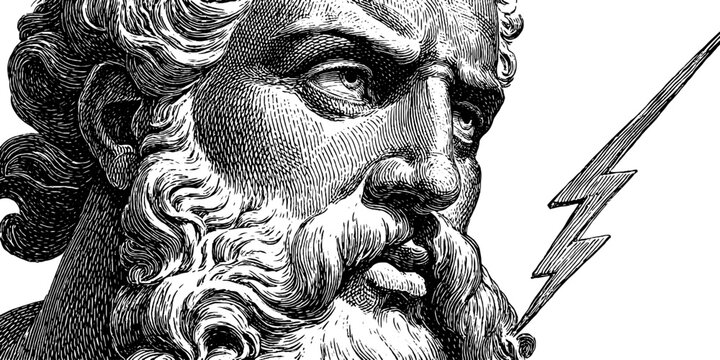 Detailed engraved illustration of zeus statue with lightning bolt
