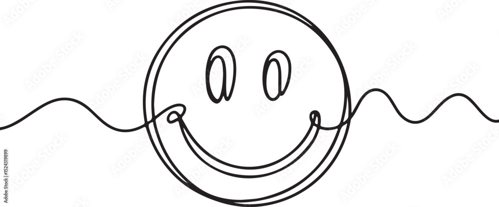 Poster one continuous line art illustration of a smiling face isolated on white background in minimalist mo
