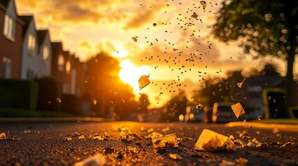 Flies with Garbage A sunset casts a warm glow over a street littered with vibrant debris, evoking a sense of tranquility.