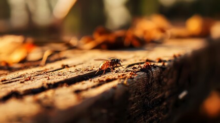 Flies with Garbage A close-up of an insect on a wooden surface with blurred autumn leaves in the background.