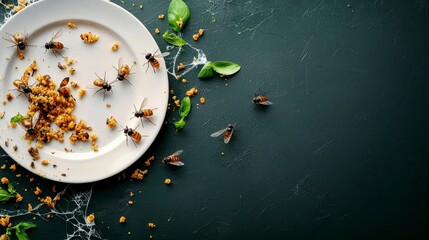 Flies with Garbage A plate with remnants of food surrounded by ants and natural elements on a dark surface.