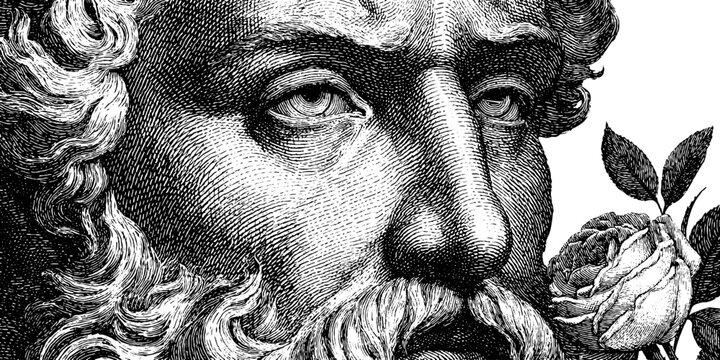 Engraved illustration of zephyrus with roses - classical mythology art design