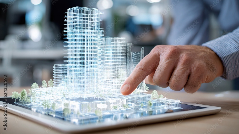 Poster engineer manipulating digital 3d building model with hand gesture
