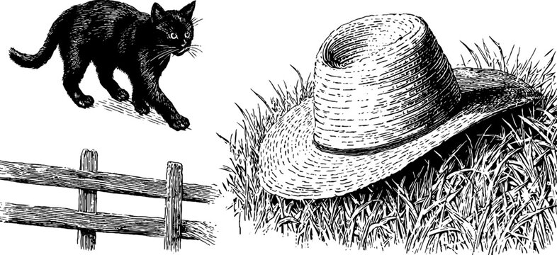 Engraved illustration of barn cat chasing mouse with straw hat and fence scene
