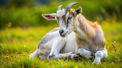 Obraz premium goat scratches leg in pasture, close-up photography, nature scenes, close-up photography