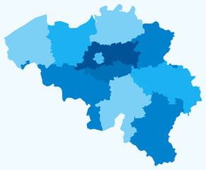 Map of Belgium with regions. Just a simple country border map with region division. Light blue color palette. Blank Kingdom of Belgium shape with administrative division. Vector illustration.