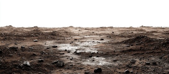 A desolate, rocky expanse under a bright, white sky, showing uneven terrain with scattered rocks and patches of what appears to be moisture or frost