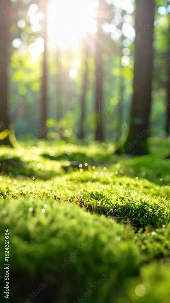 Poster sunlit mossy forest floor with dew drops, creating a bokeh effect from the blurred background trees 