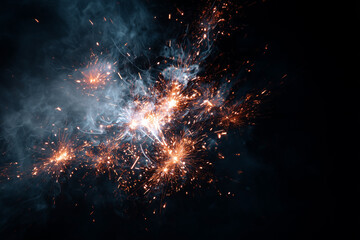 Glowing fireworks and smoke in dark sky