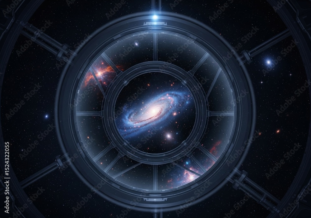 Poster cosmic observatory window - a mesmerizing view of a spiral galaxy seen through a futuristic observat