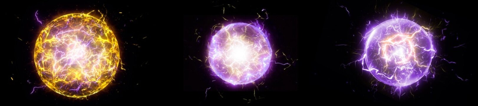 Electric sphere Effect, Realistic magic Lightning bolt overlay visual Effects, thunder Isolated, electricy discharge colorful purple yellow portal circle, energy sparks FX on dark black background