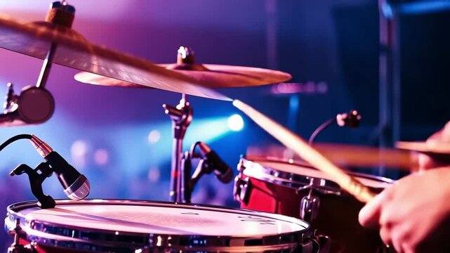 Dynamic close-up of a drummer in action on rock stage, capturing the intensity of a live music performance with vibrant lighting and rhythmic energy. Perfect for music and concert themes.