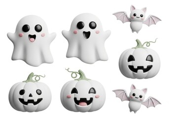Cute Halloween Ghost and Pumpkin Characters - Adorable 3D Halloween characters: ghosts, pumpkins, and bats with happy expressions. Perfect for seasonal decorations or designs