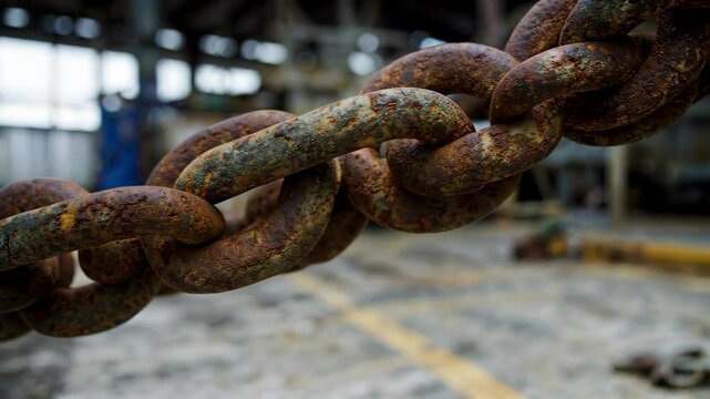 arafed chain of rusted metal with a building in the background