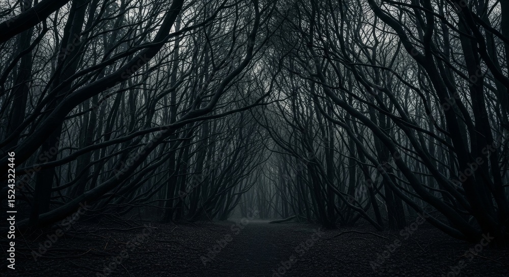 Poster dark forest path - a mysterious path winds through a dense, dark forest shrouded in mist. the scene 