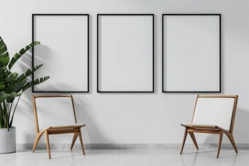 High Resolution Visual of Empty Three Whiteblack Frames on a White Wall in the Room Mockup