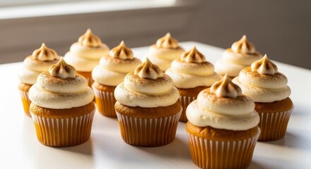 Delicious Pumpkin Spice Cupcakes - A dozen delectable pumpkin spice cupcakes, topped with creamy swirls of frosting and a light dusting of spice