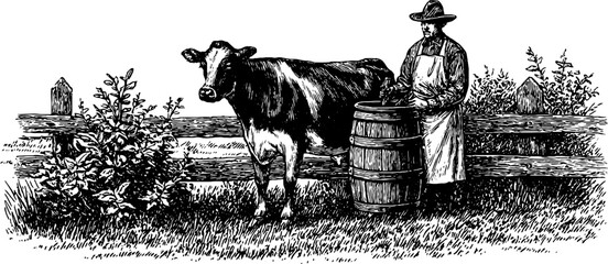 Vintage farm scene with cow and milk churn in traditional engraved style