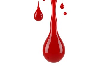 Falling Red Drops - Close-up of red liquid dripping, isolated on white background. Viscous, glossy texture