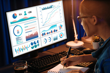 Young beautiful Asian businesswoman analyzing with pointing business graph of dynamic analysis report chart on pc screen while drinking coffee at back side at neon office at night time. Stratagem.
