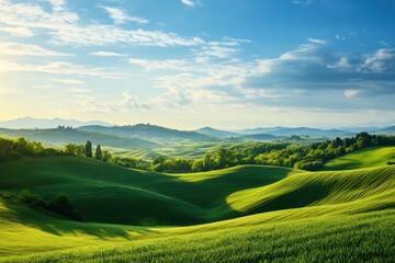 Serene Landscape with Rolling Hills, A tranquil landscape featuring gently rolling hills under a clear blue sky, evoking a sense of peace and natural beauty