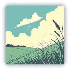 Obraz premium A vast landscape of a field of tall, vibrant green grass stretches across the horizontal middle ground. A vibrant, clear blue sky fills the upper portion of the image, dotted with large, fluffy, whit